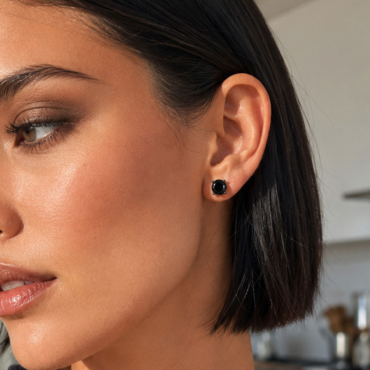 A Woman Wearing 925 Sterling Silver Black CZ Stud Earrings for Men Women 1.5 carat