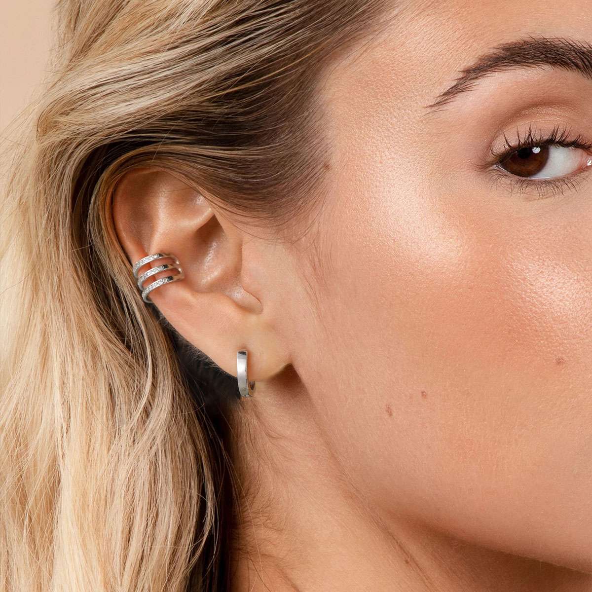 A Woman Wearing 925 Sterling Silver Cubic Zirconia Ear Cuff Earrings