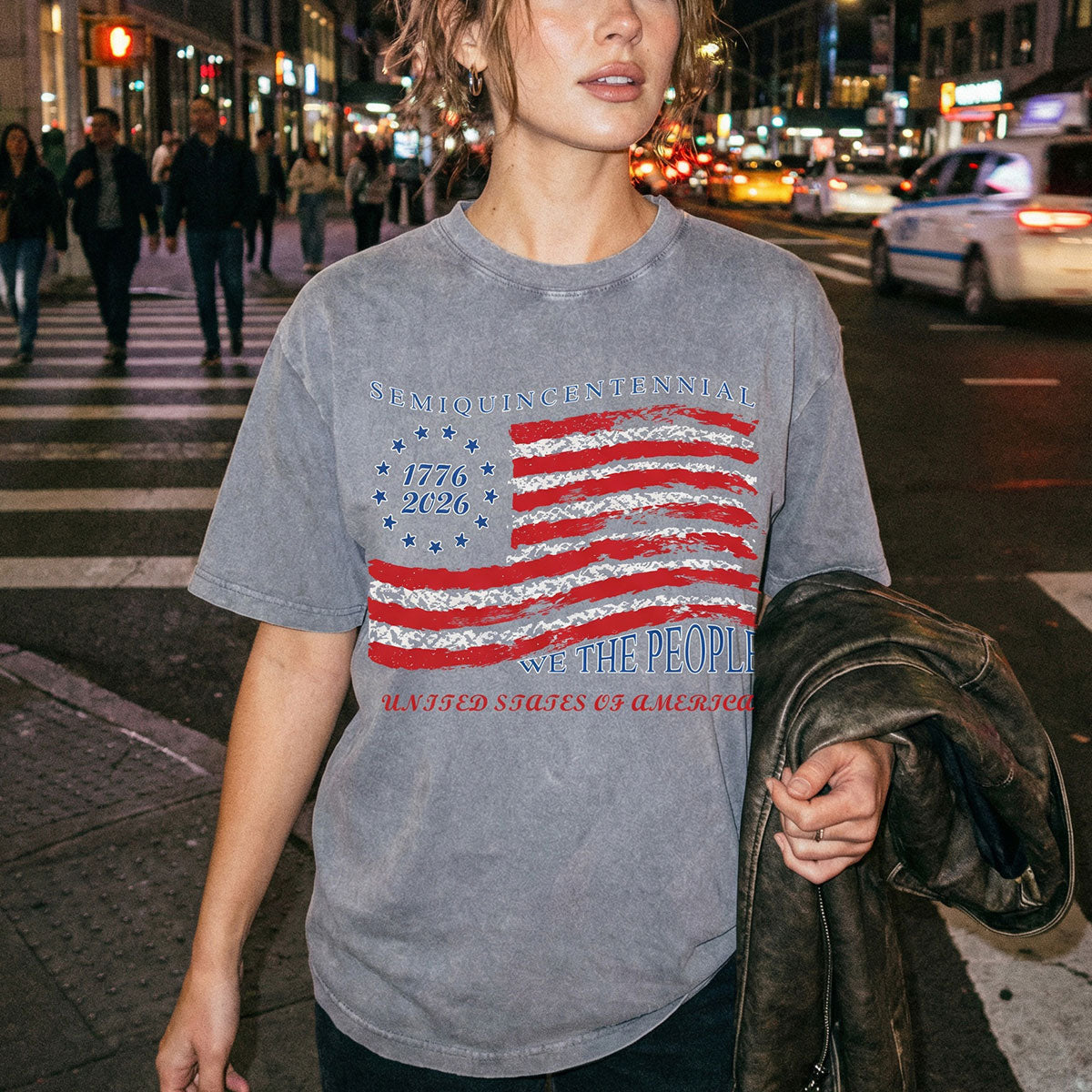 A Woman Wearing American Flag 4th of July T-Shirt