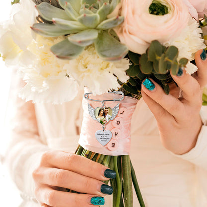 A Woman Wearing Angel Wing Wedding Bouquet Heart Photo Brooch Pins