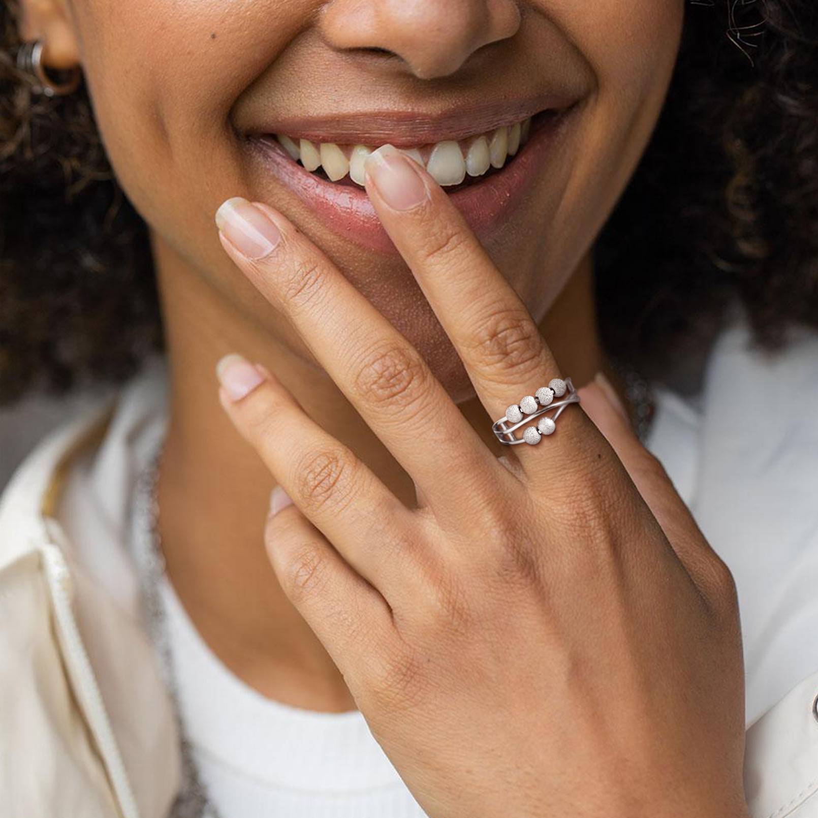 A Woman Wearing Beads Anxiety Fidget Ring Adjustable