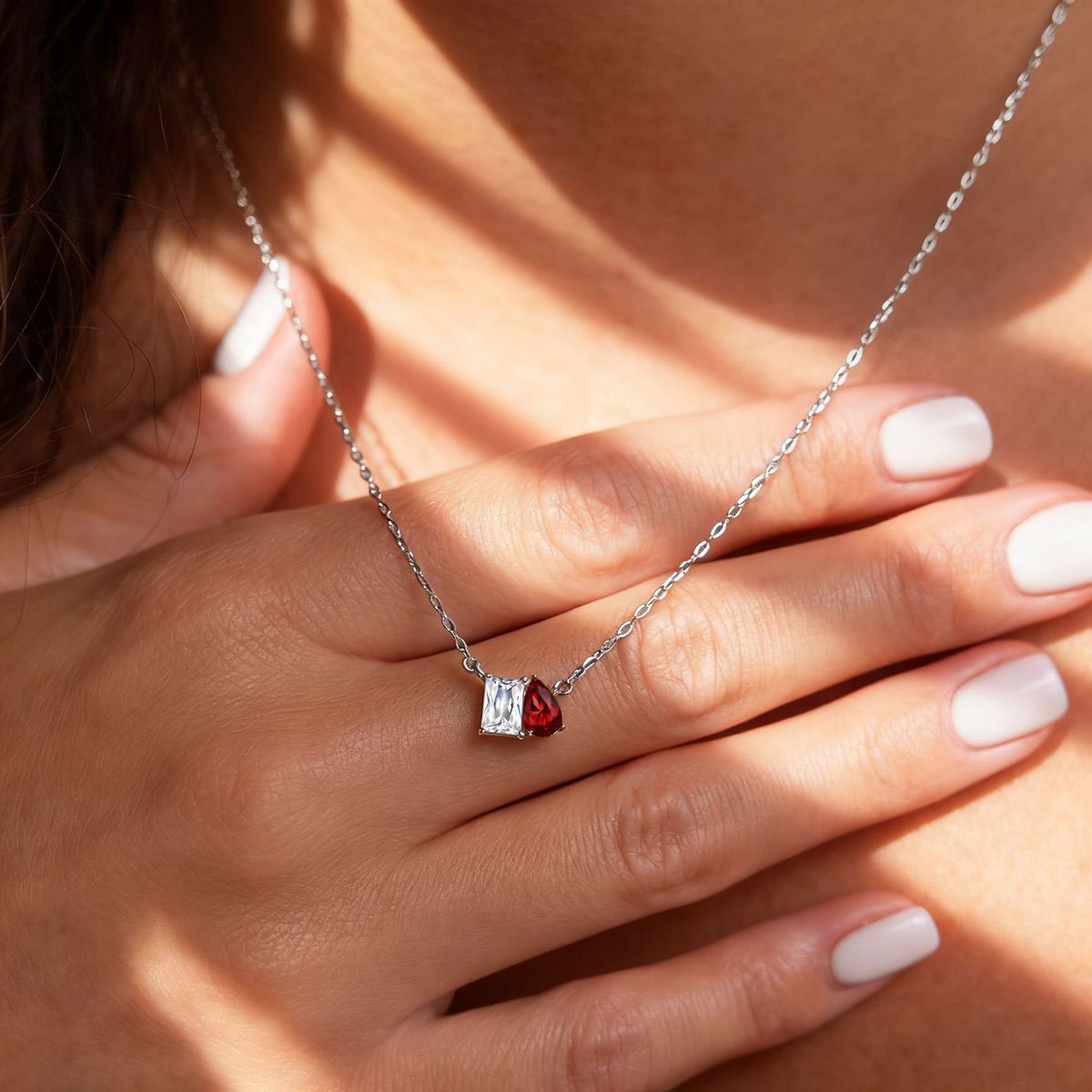 A Woman Wearing Toi et Moi Birthstone Necklace
