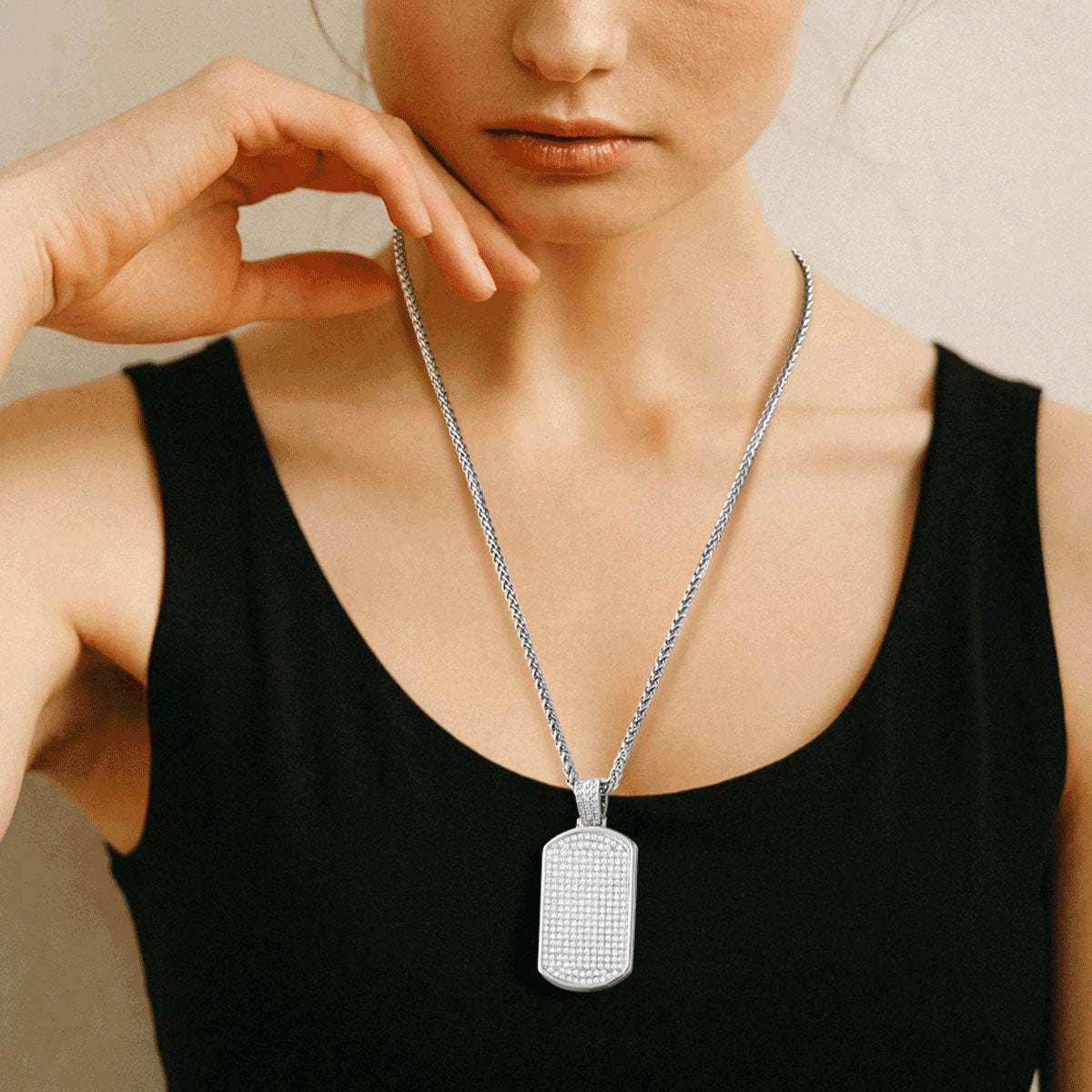 A Woman Wearing Bling Cubic Zirconia Dog Tag Necklaces