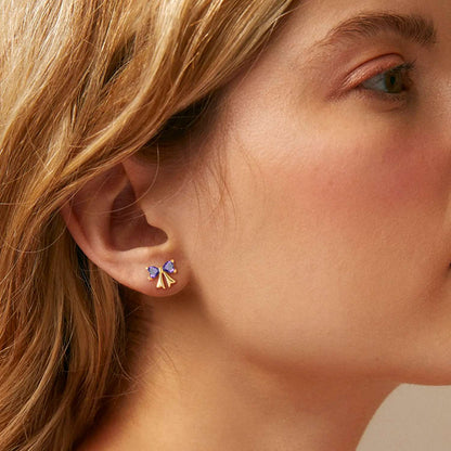 A Woman Wearing  Bow Birthstone Stud Earrings for Women