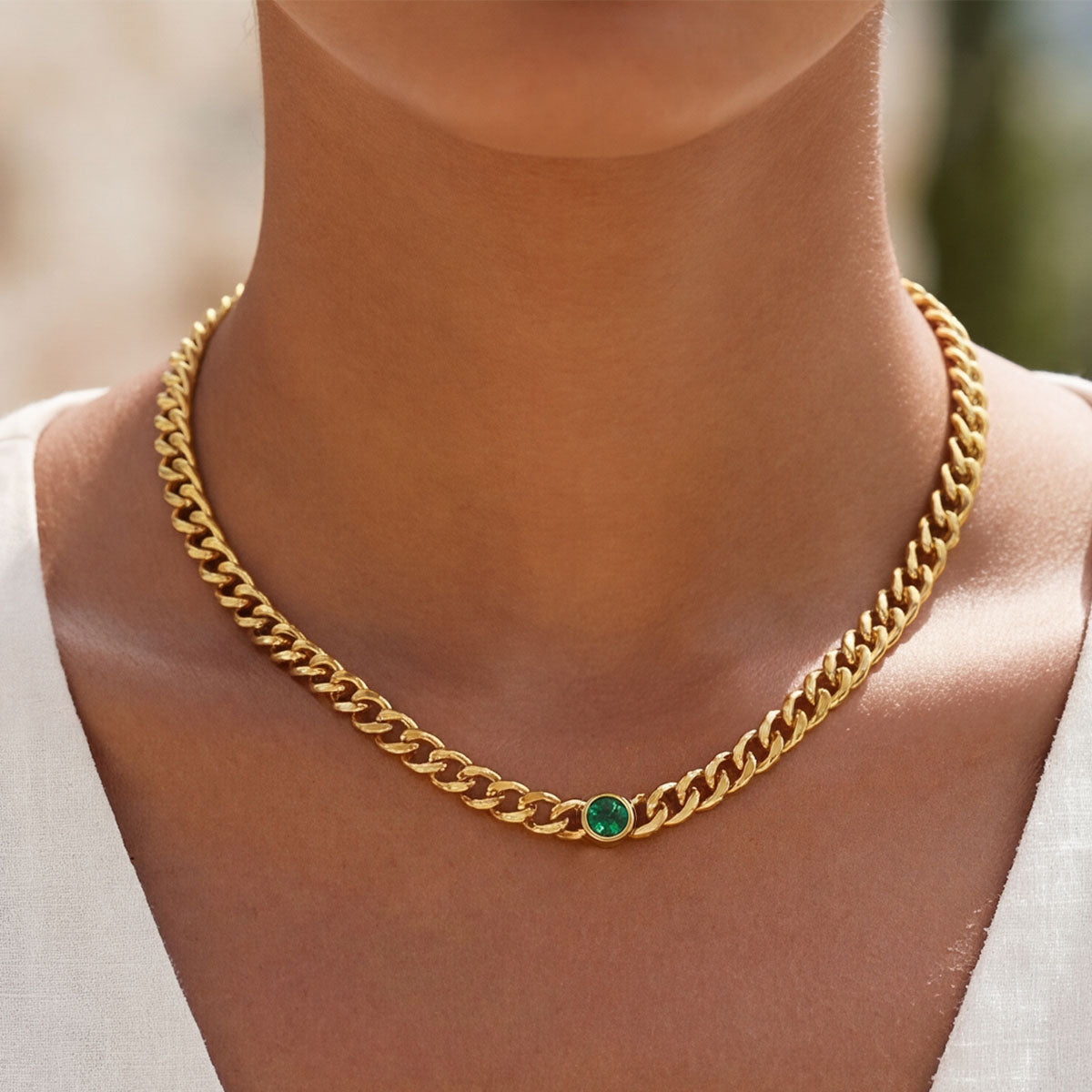 A Woman Wearing Cuban Chain Choker Birthstone Necklace