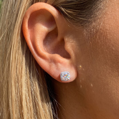 A Woman Wearing Cubic Zirconia Halo Stud Earrings
