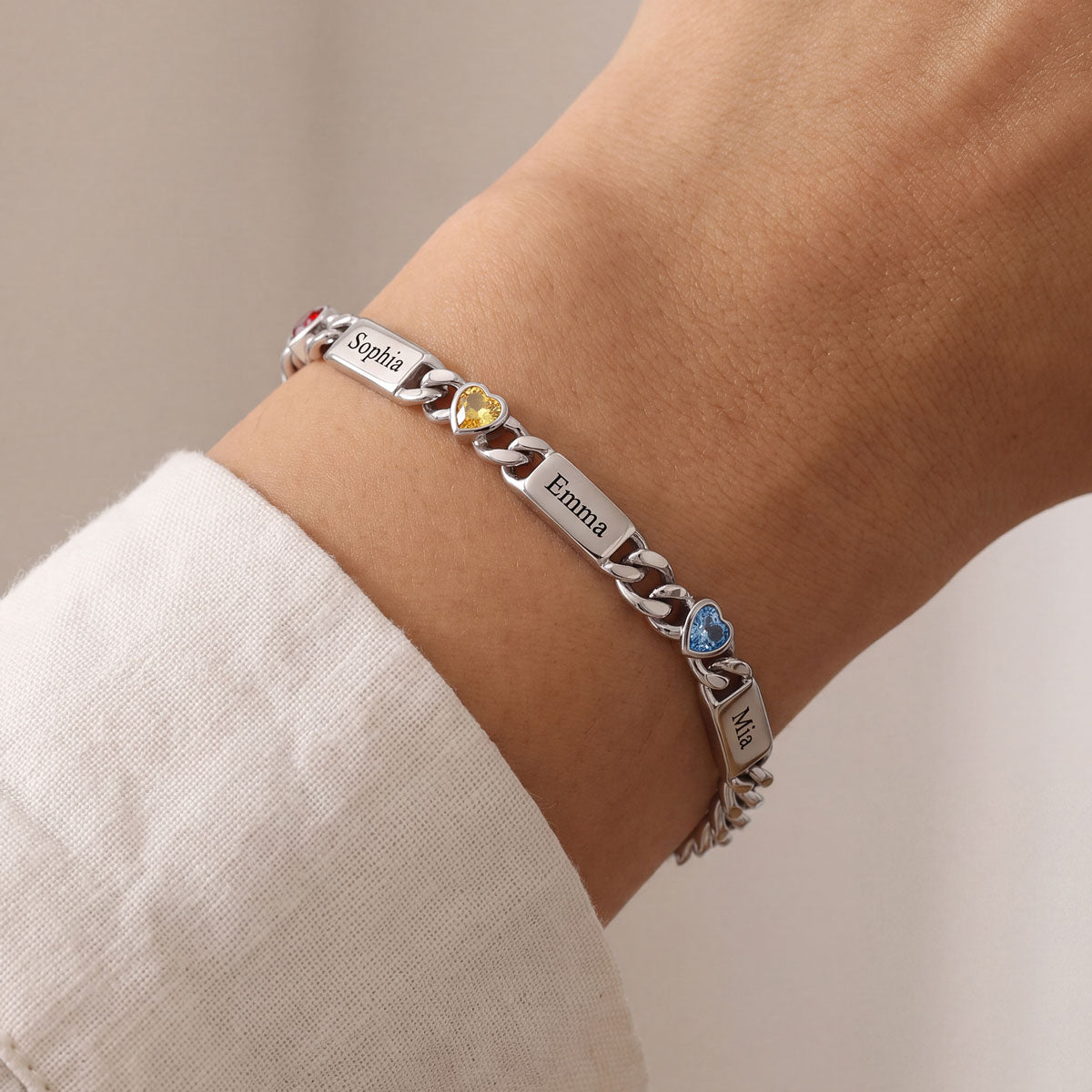 A Woman Wearing Custom 1-4 Names Cuban Chain Bracelet with Birthstone 5MM
