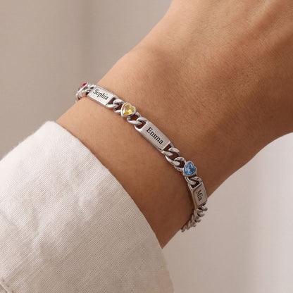 A Woman Wearing Custom 1-4 Names Cuban Chain Bracelet with Birthstone 5MM