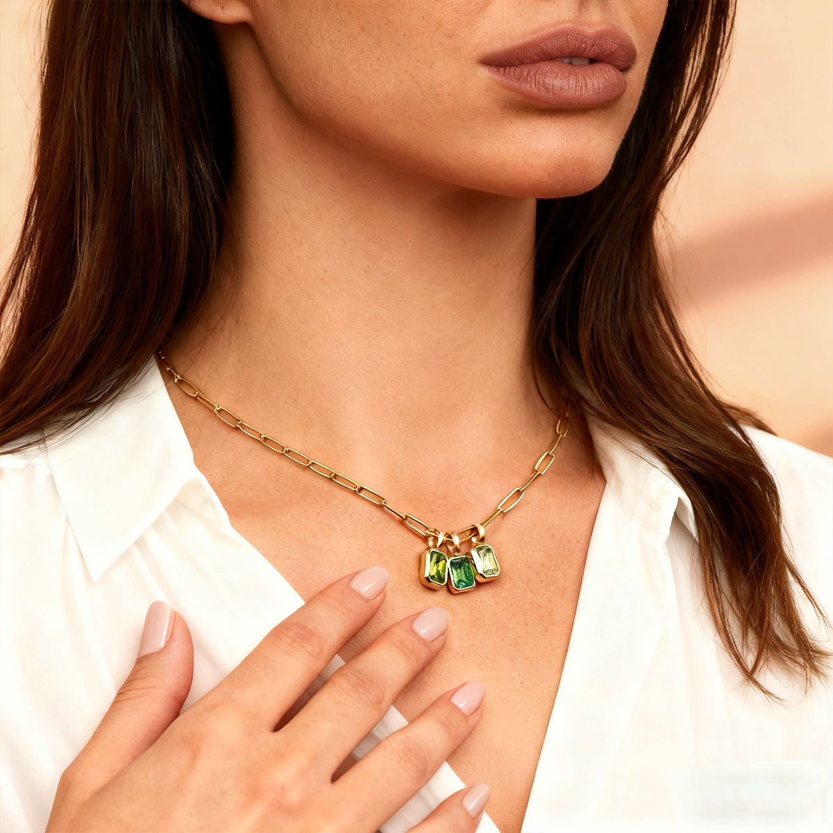 A Woman Wearing Custom 1-5 Birthstone Paperclip Chain Necklace