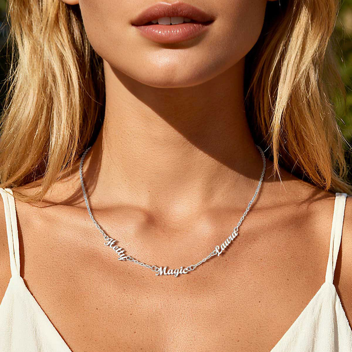 A Woman Wearing Custom 1-5 Multiple Name Choker Necklace