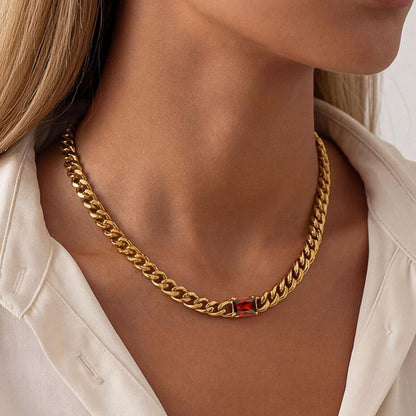 A Woman Wearing Custom Birthstone Cuban Link Choker Necklace
