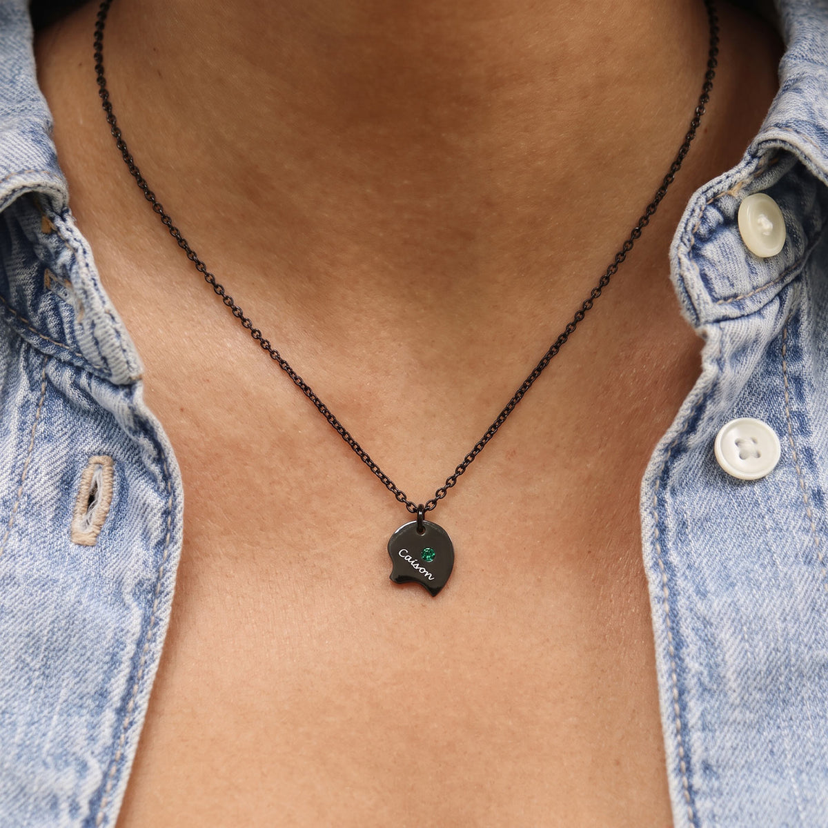 A Woman Wearing Custom Birthstone Heart Matching Necklaces 