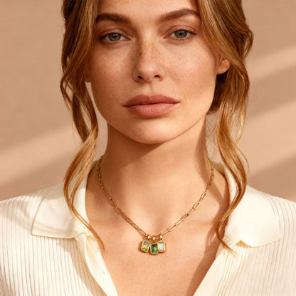 A Woman Wearing Custom Birthstone Paperclip Chain Necklace