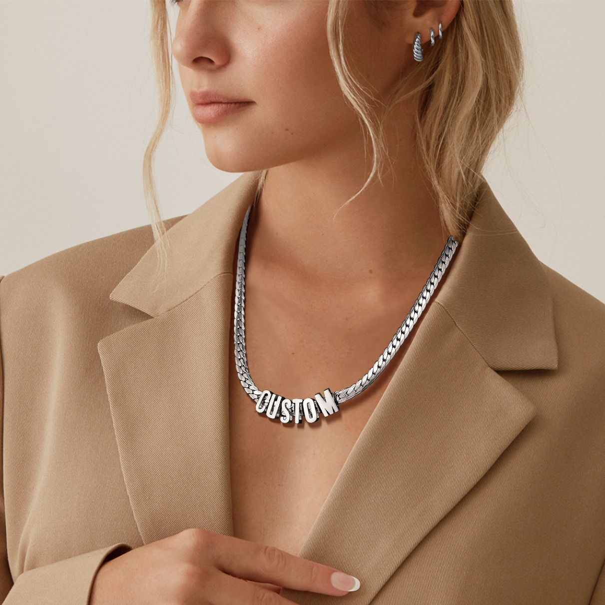 A Woman Wearing Custom Chain Initial Name Necklace