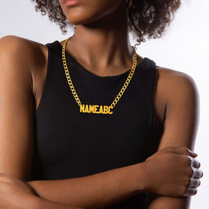 A Woman Wearing Custom Cuban Link Name Plate Necklace