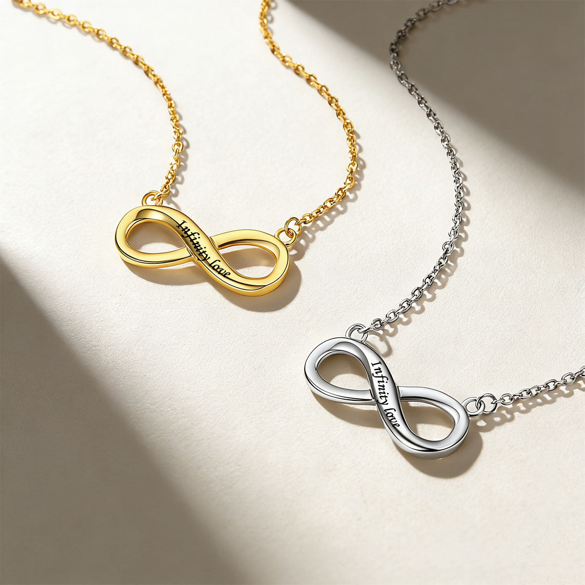 A Woman Wearing Custom Engravable Infinity Necklace in different color