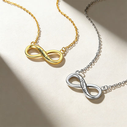 A Woman Wearing Custom Engravable Infinity Necklace in different color