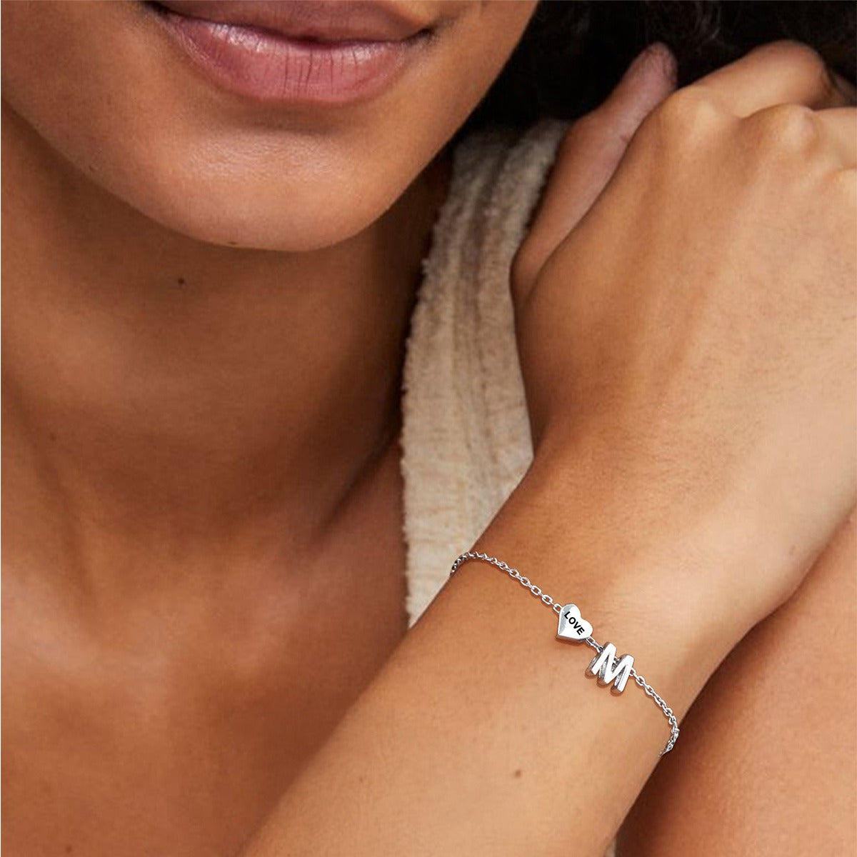 A Woman Wearing Custom Heart Initial Bracelet for Women