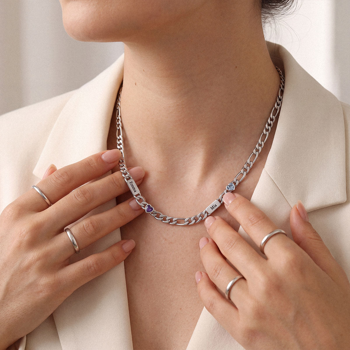 A Woman Wearing Custom Multi-Name Birthstone Figaro Chain Necklace