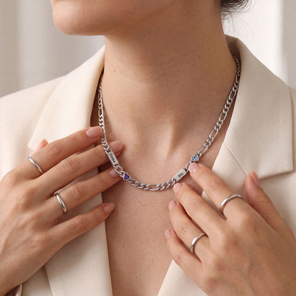 A Woman Wearing Custom Multi-Name Birthstone Figaro Chain Necklace