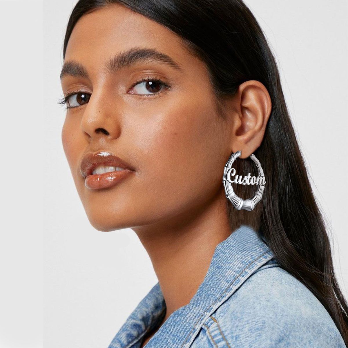 A Woman Wearing Custom Name Bamboo Hoop Earrings