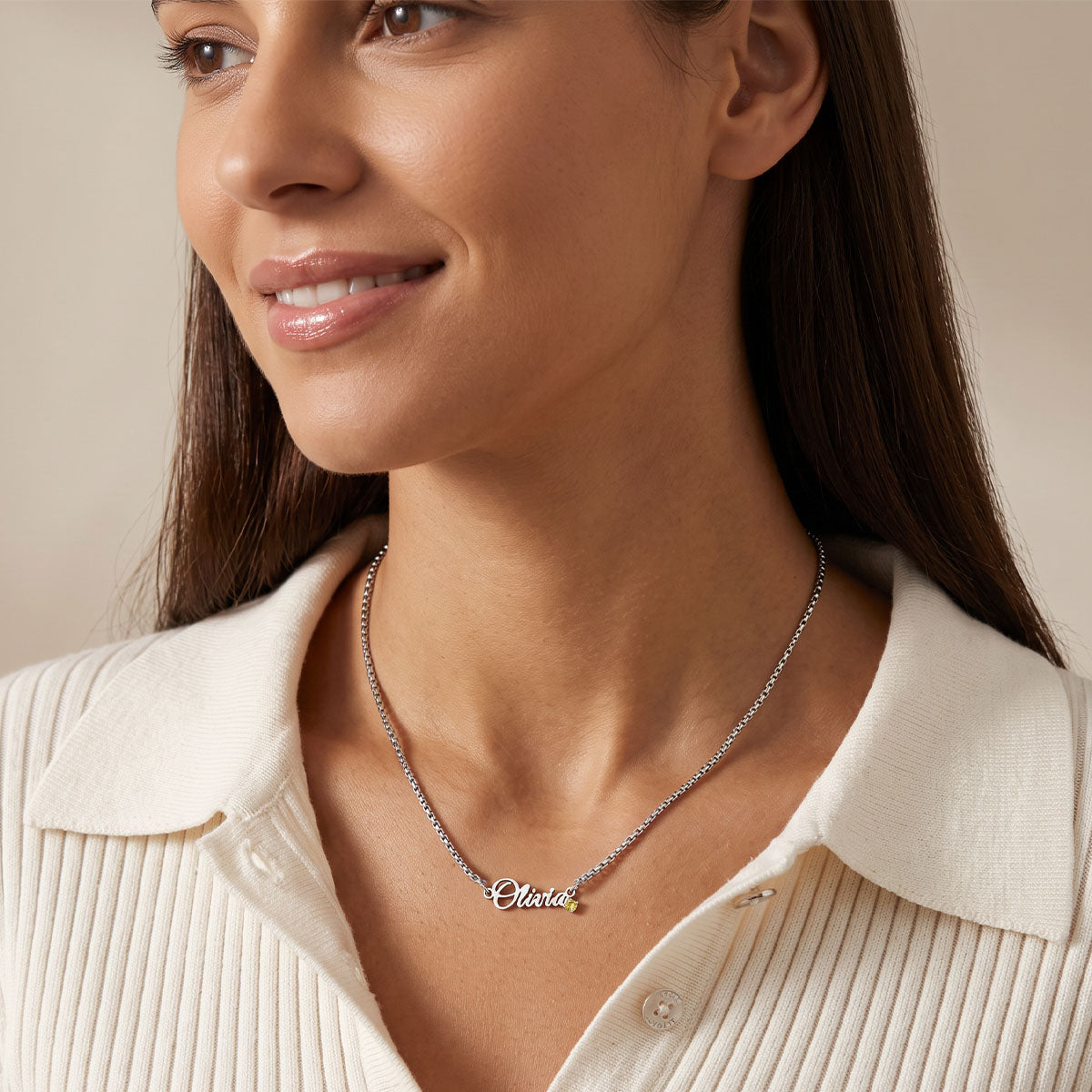 A Woman Wearing Custom Name Birthstone Box Chain Necklace 