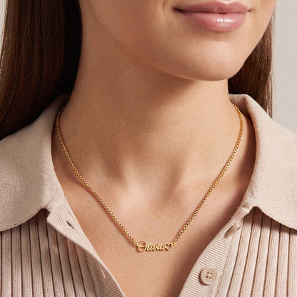 A Woman Wearing Custom Name Box Chain Necklace with Tiny Heart