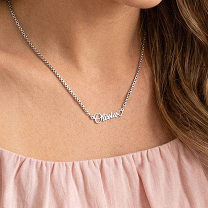 A Woman Wearing Custom Name Box Chain Necklace with Tiny Heart Steel