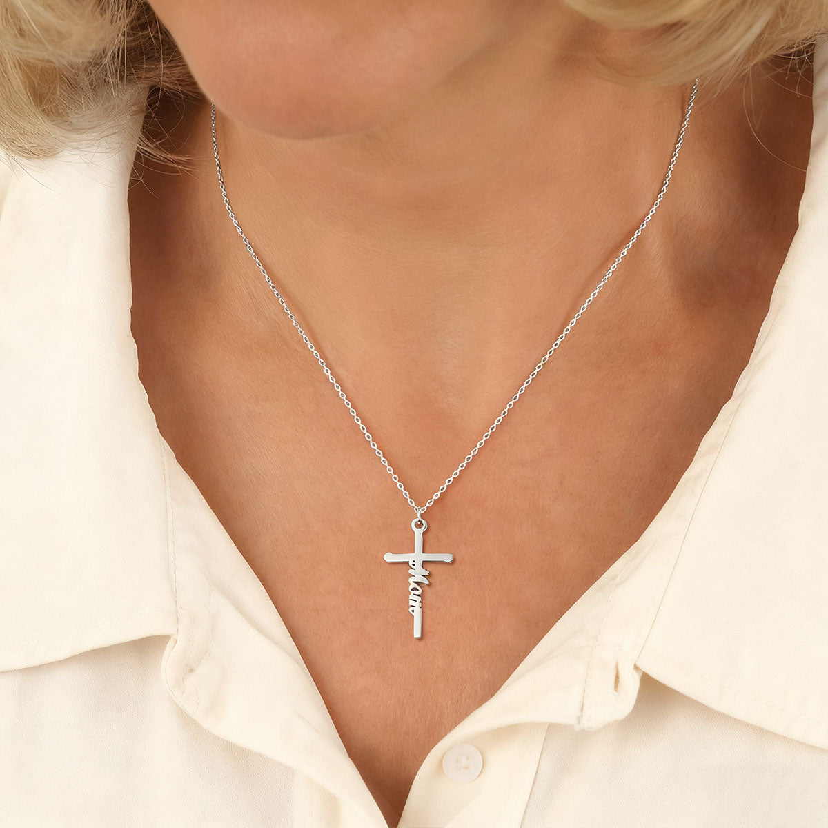 A Woman Wearing Custom Name Cross Necklace
