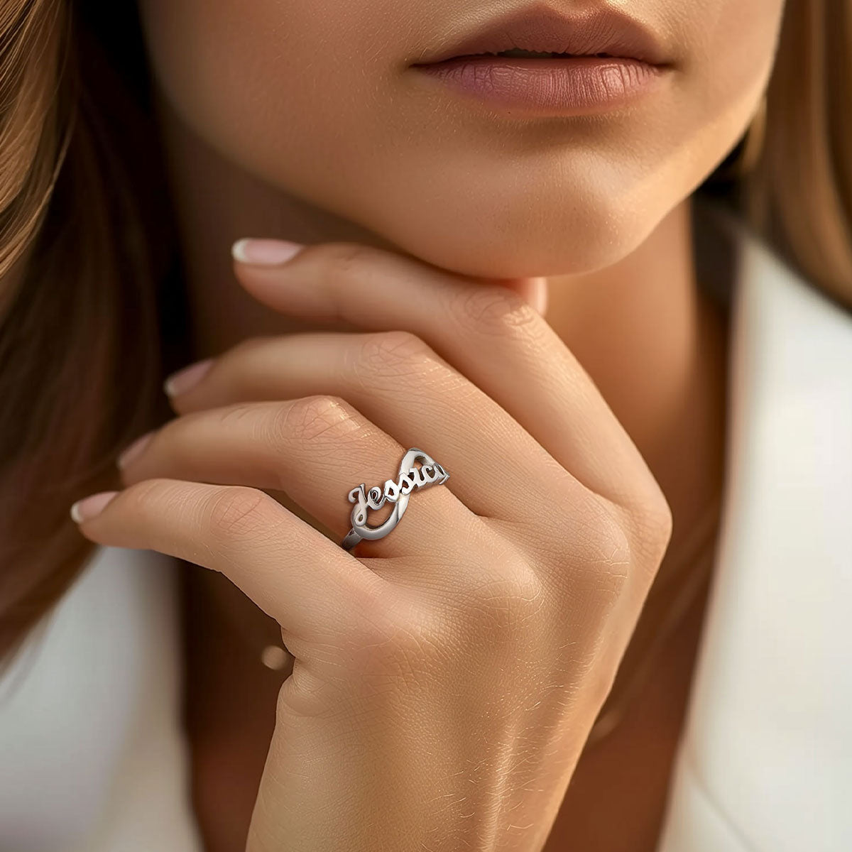 A Woman Wearing Custom Name Infinity Promise Ring for Women on a white background