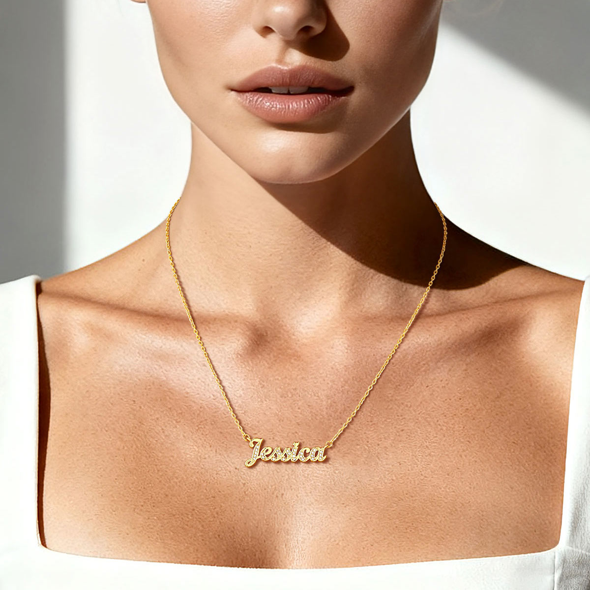 A Woman Wearing Custom Name Necklace with Cubic Zirconia