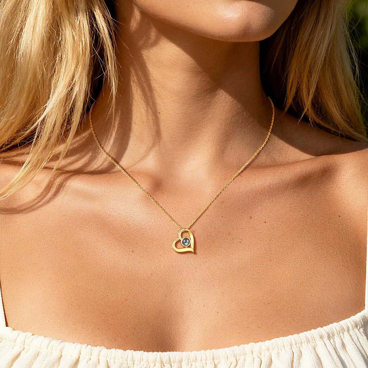 A Woman Wearing Custom Photo Heart Projection Necklace