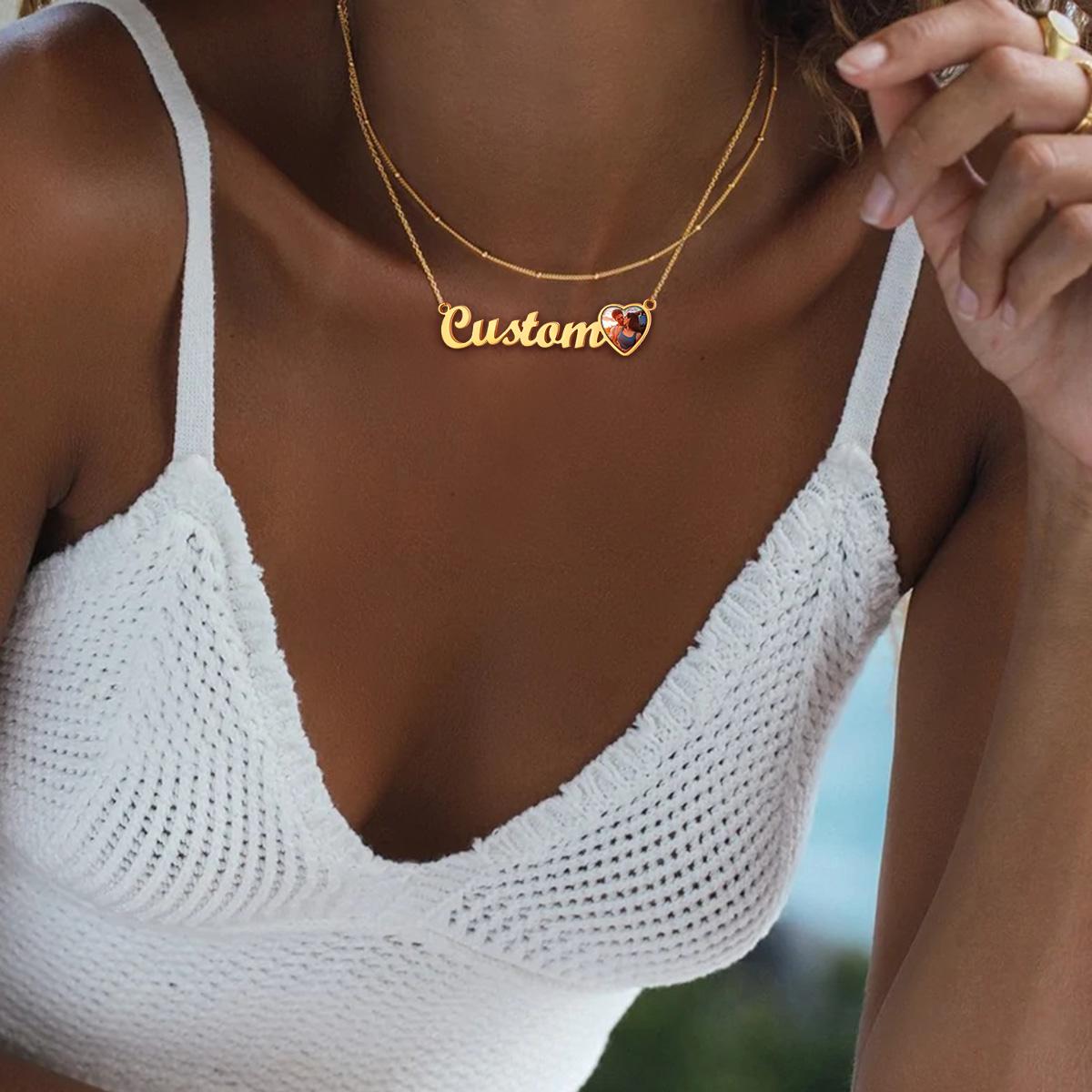A Woman Wearing Custom Photo Name Necklace