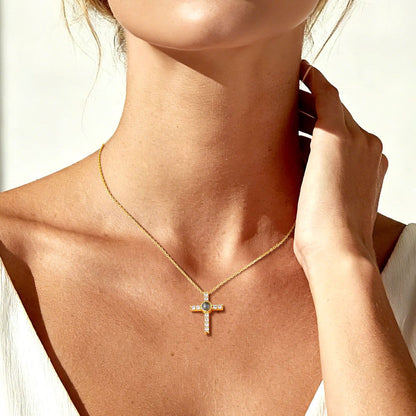 A Woman Wearing Custom Picture Projection CZ Cross Necklace
