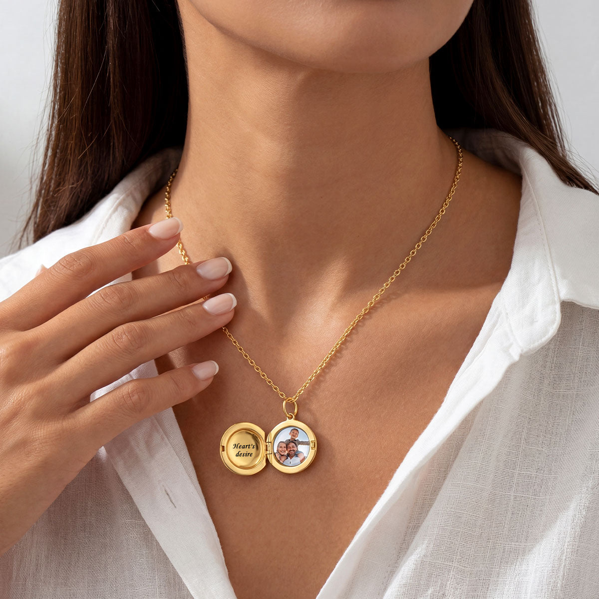 A Woman Wearing Custom Round Locket Picture Necklace