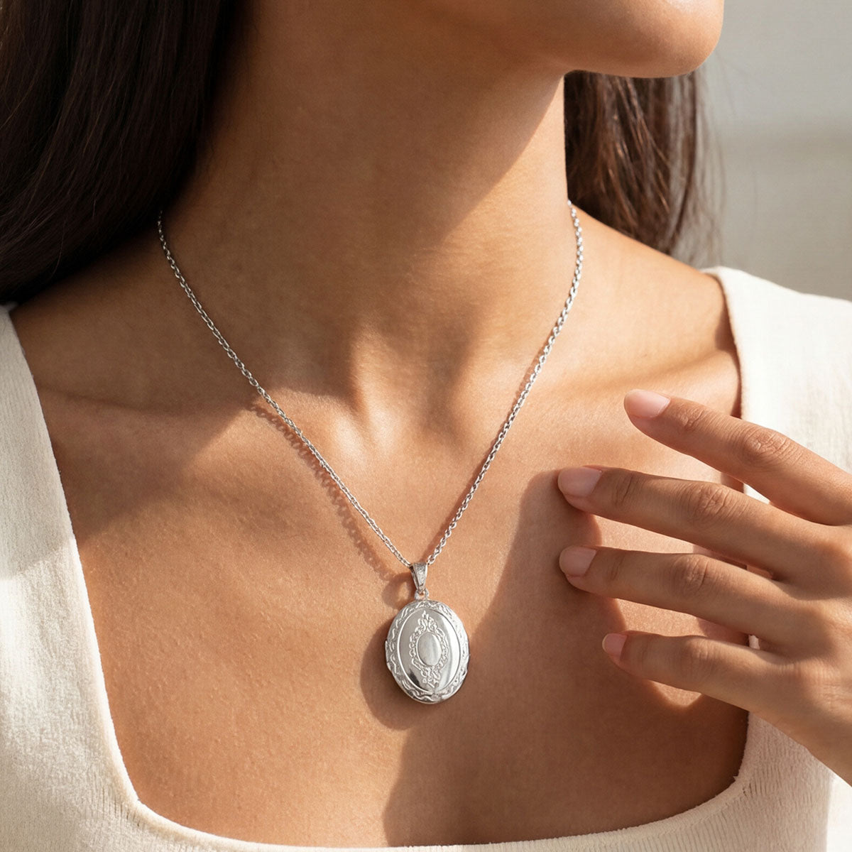 A Woman Wearing Custom Vintage Oval Photo Locket Necklace