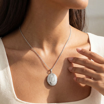 A Woman Wearing Custom Vintage Oval Photo Locket Necklace