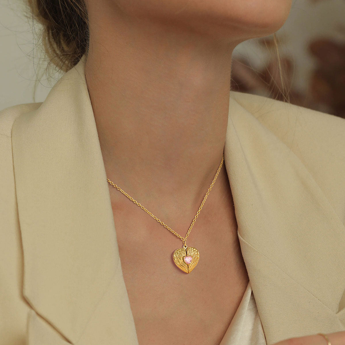 A Woman Wearing Customized Angel Wing Heart Locket Necklace