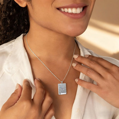 A Woman Wearing Date Calendar Necklace with Birthstone
