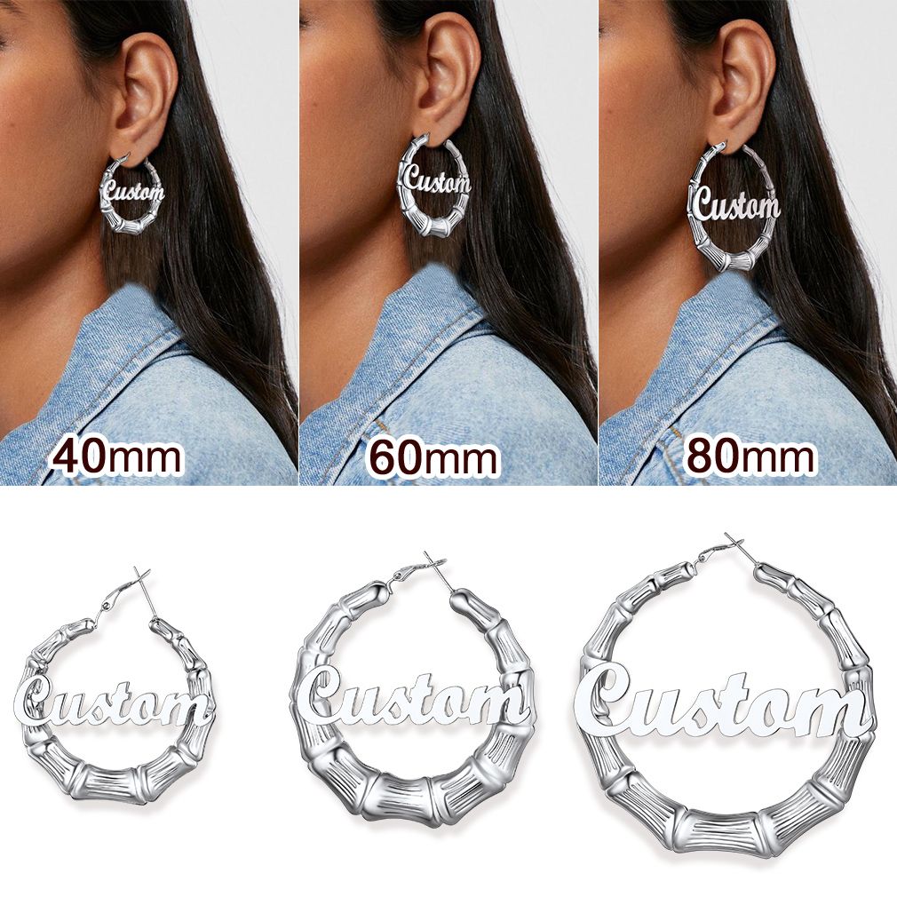 A Woman Wearing Different Size of Name Bamboo Hoop Earrings
