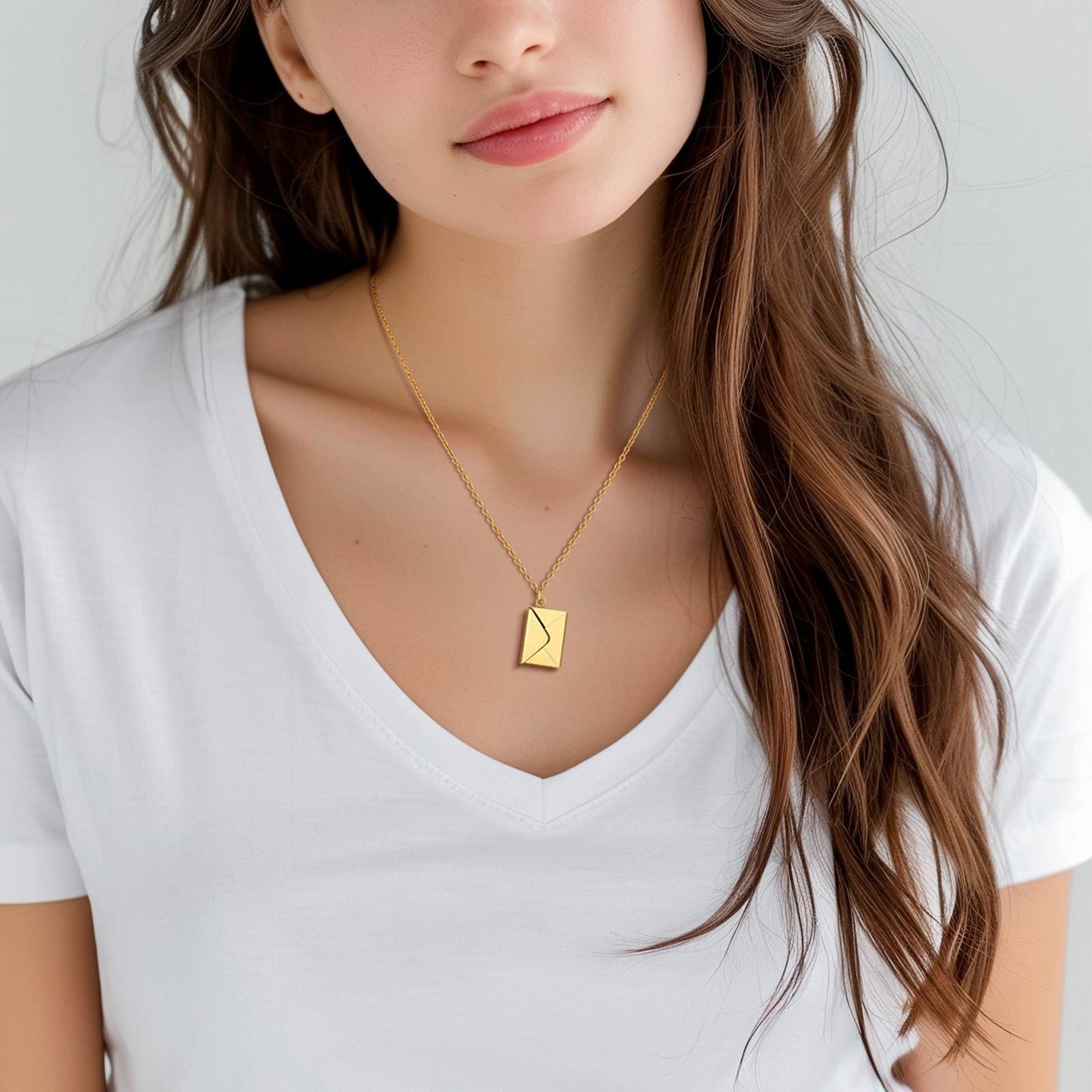 A Woman Wearing Engraved Envelope Locket Necklace