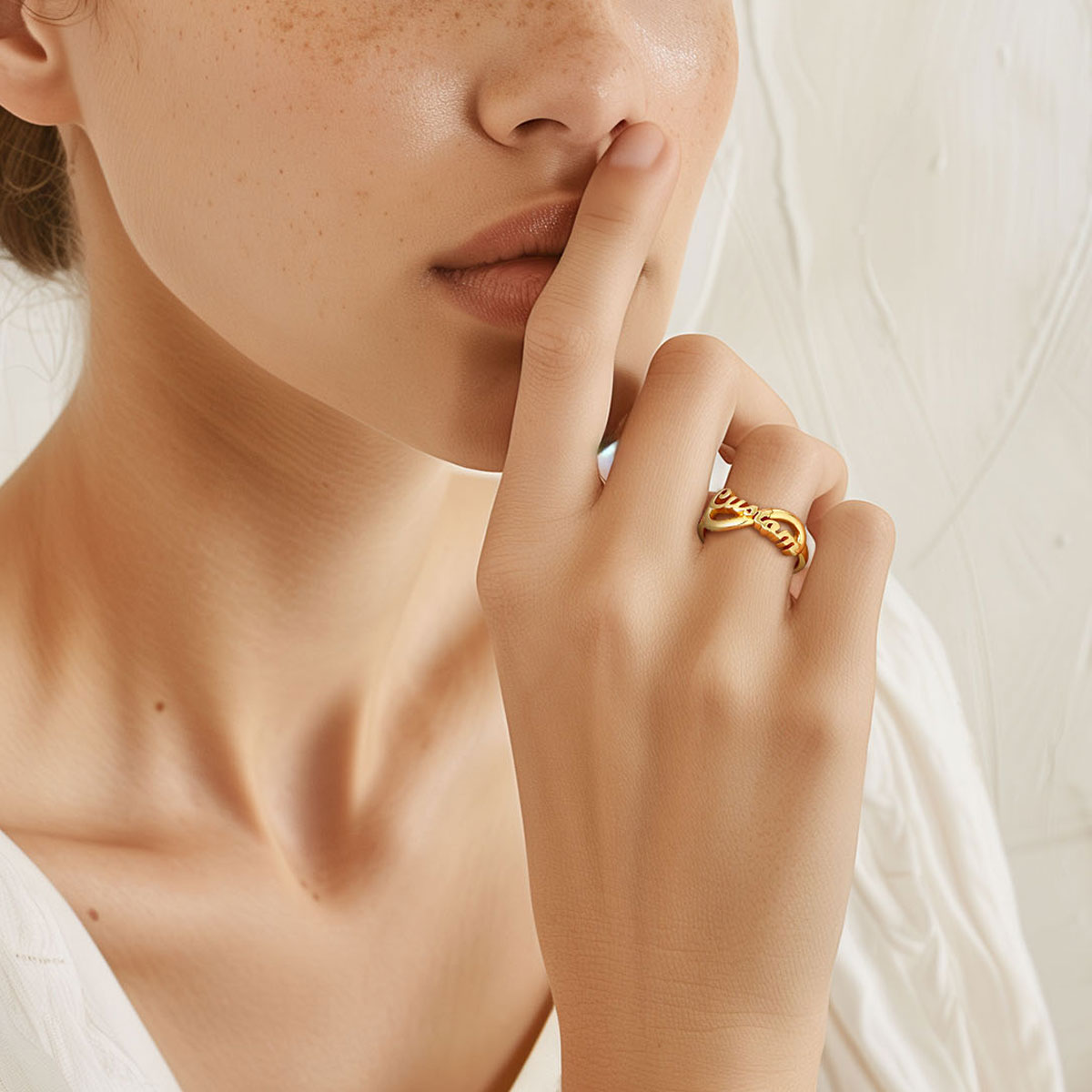A Woman Wearing Gold Custom Name Infinity Promise Ring for Women