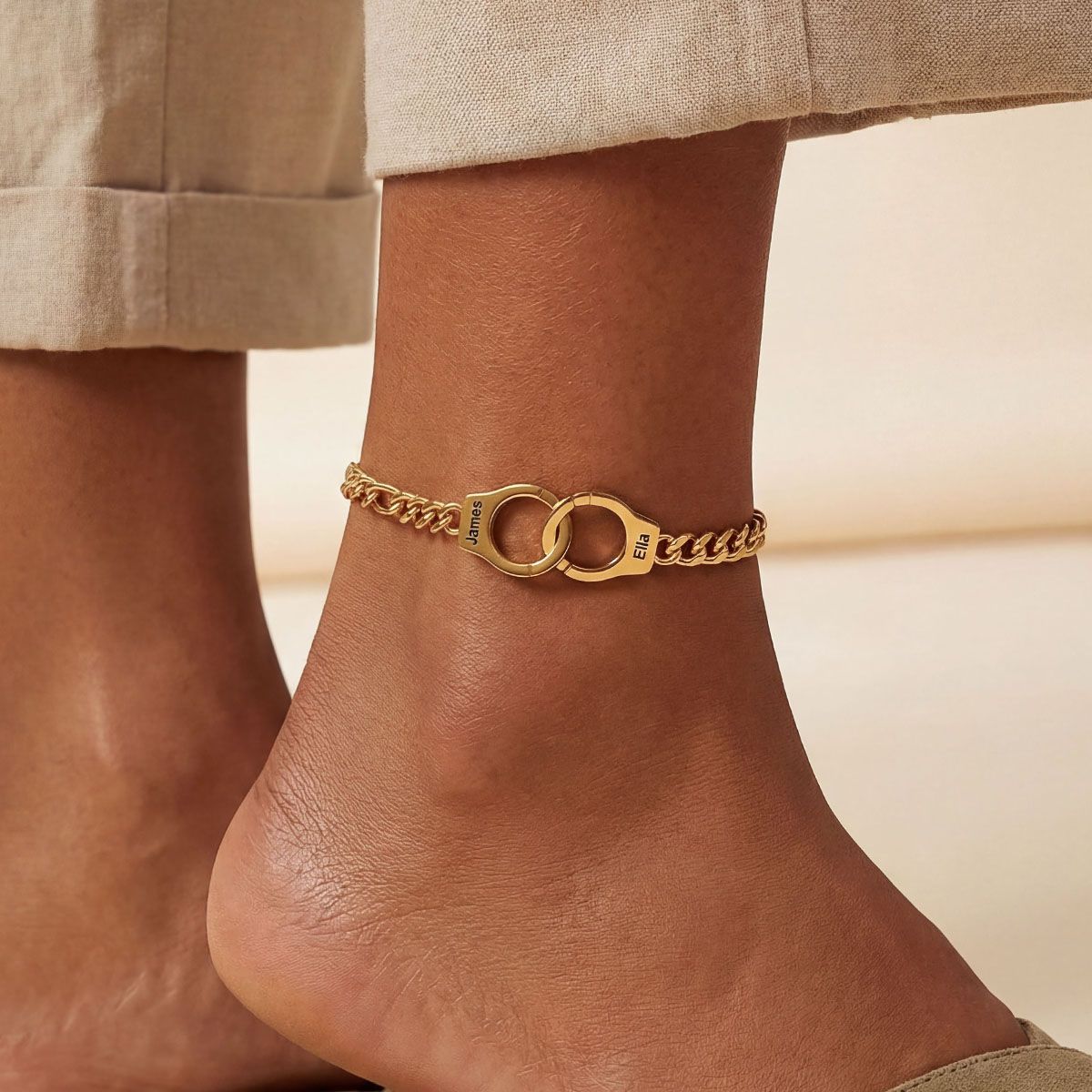 A Woman Wearing Gold Plated Custom Handcuffs Ankle Bracelet