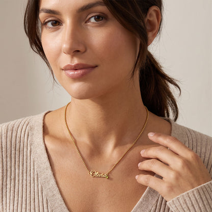 A Woman Wearing Gold Plated Custom Name Birthstone Box Chain Necklace 