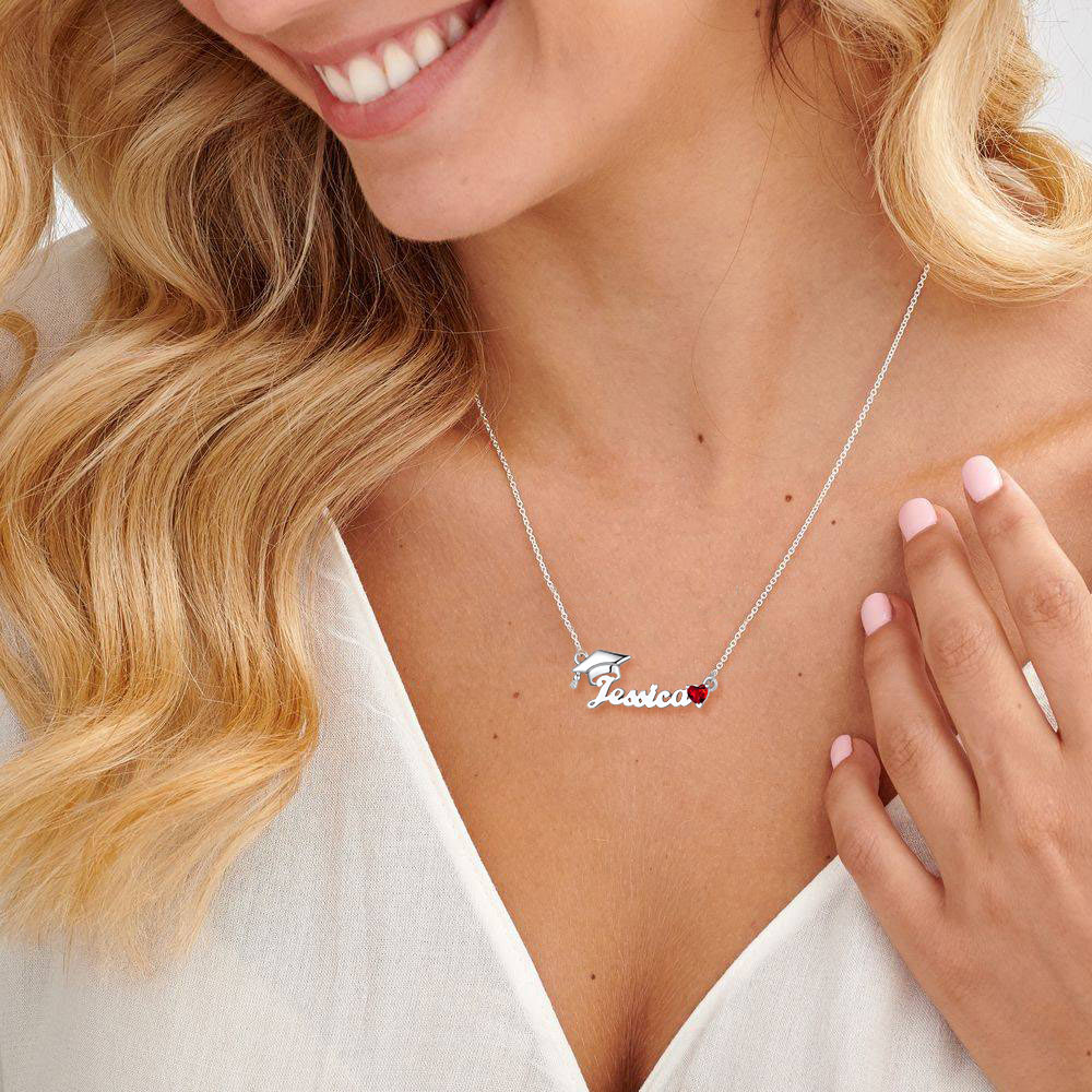 A Woman Wearing Graduation Birthstone Name Necklace 