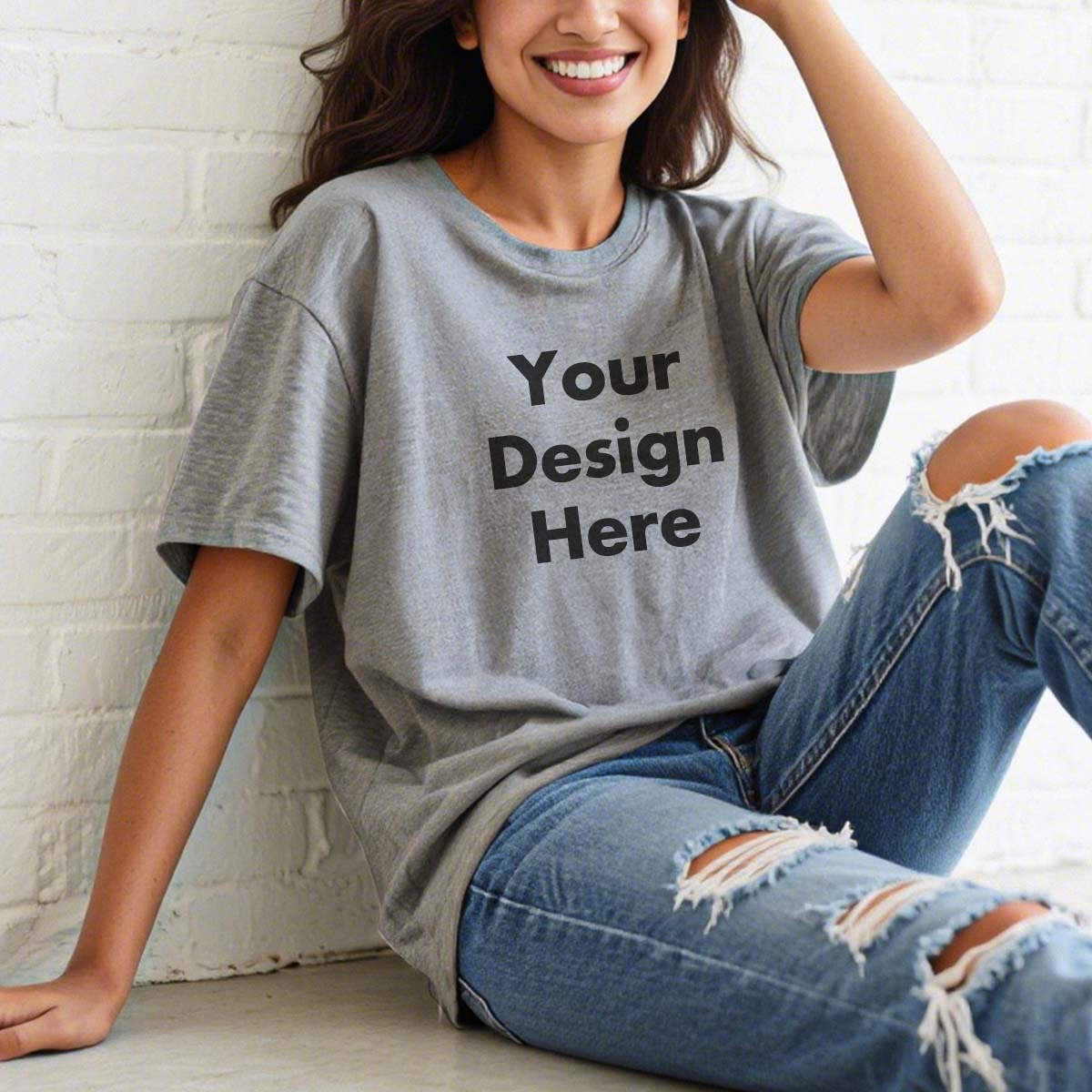 A Woman Wearing Grey Custom Text T-Shirts