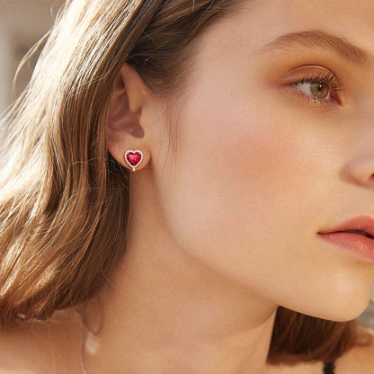 A Woman Wearing Halo Heart Birthstone Clip-on Earrings Non-Pierced Studs