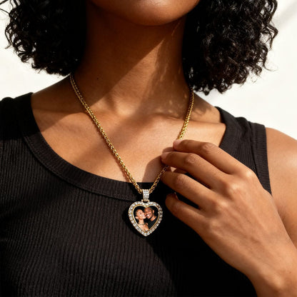 A Woman Wearing Heart Cubic Zirconia Photo Necklace