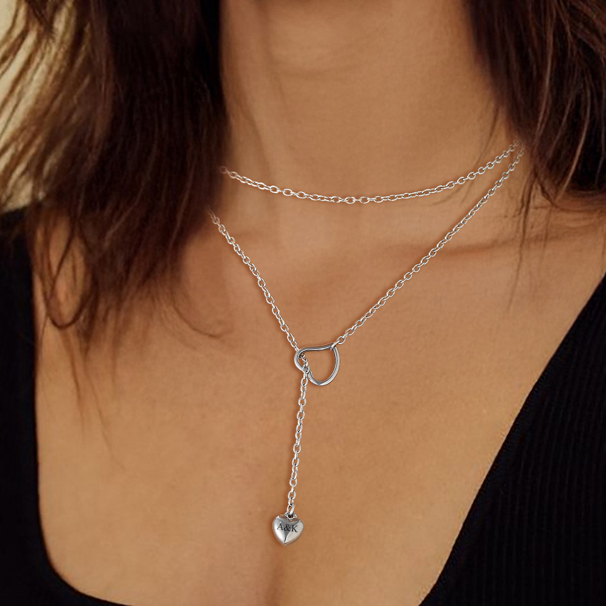 A Woman Wearing Heart Lariat Y Necklaces Adjustable Long Chain Necklace