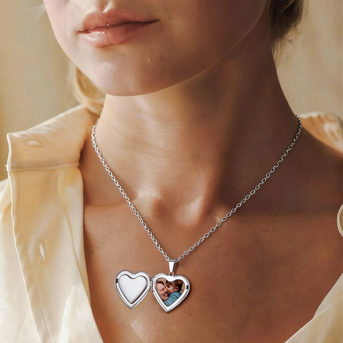 A Woman Wearing Heart Locket Necklace